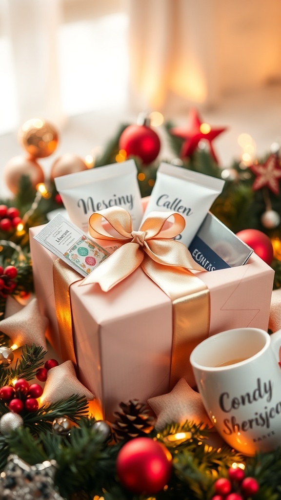 A festive Christmas gift box with jewelry and skincare products, surrounded by holiday decorations.